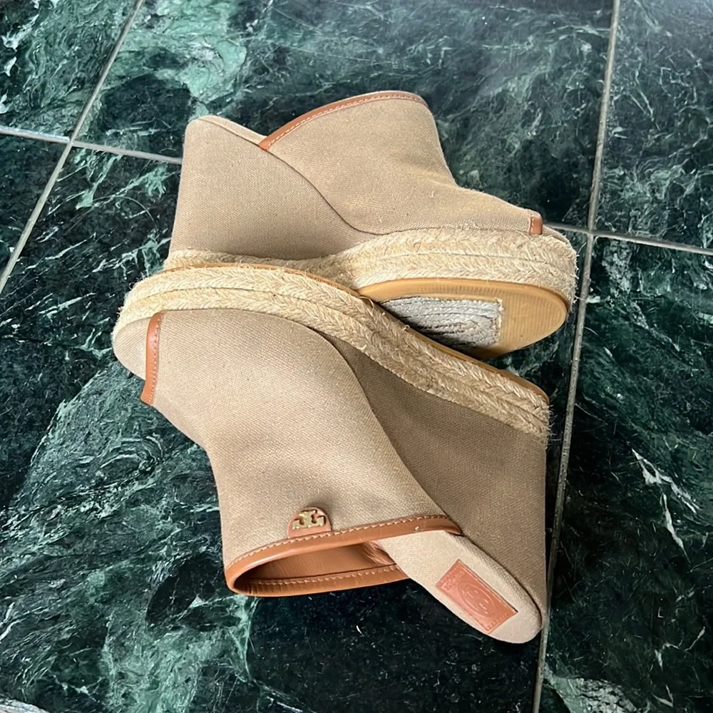 Tory Burch Tan Canvas Espadrille Wedge Mules with Brown Trim Accents